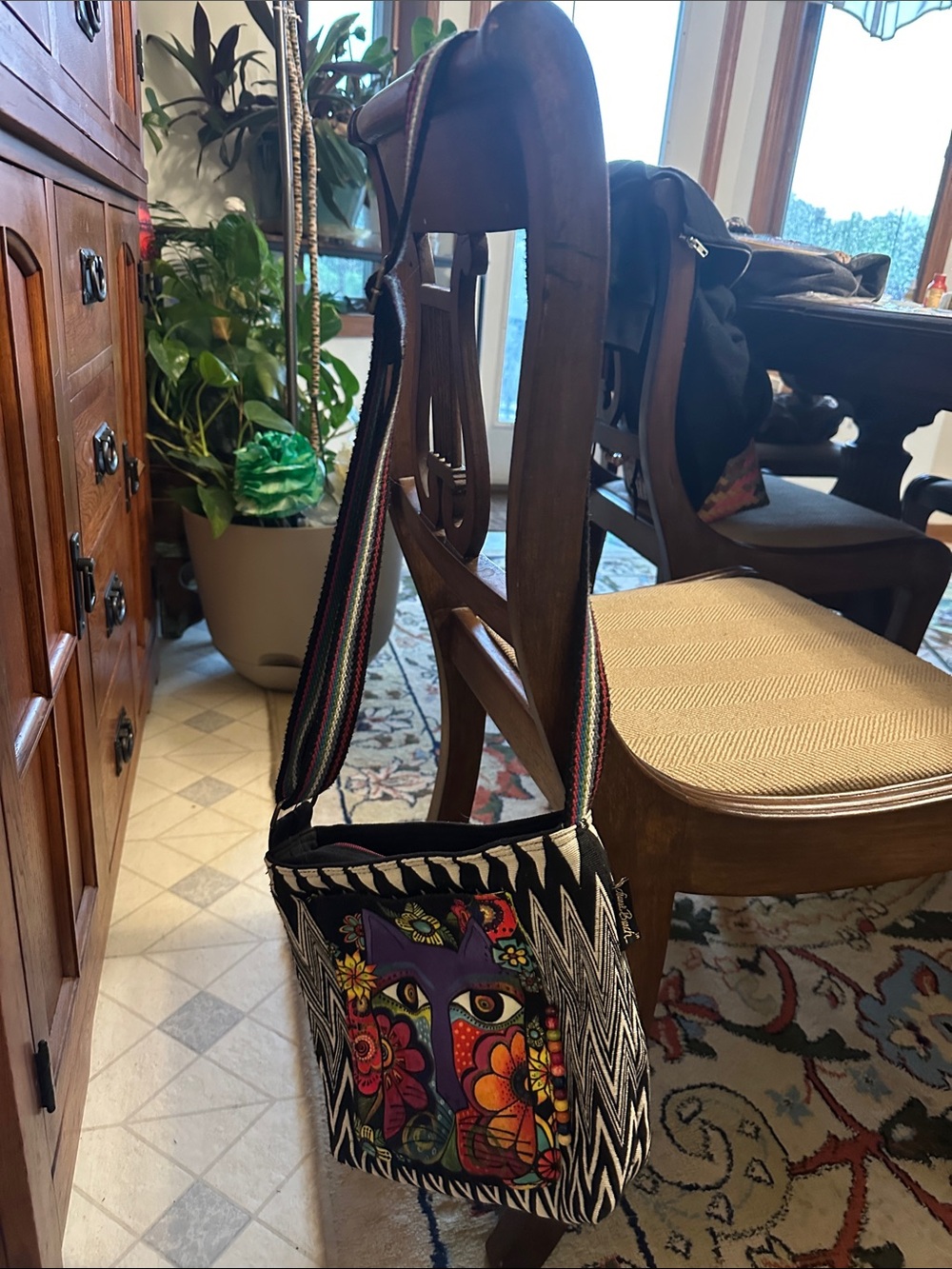Laurel Burch Purple Cat Crossbody with Multicolor Strap and Floral Accents - Picture 2 of 9